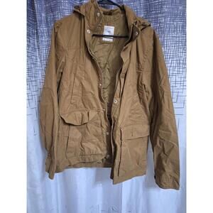 Gap Brown Rain Jacket  Small Stowaway Hat Zips and Buttons. Multiple Pockets
